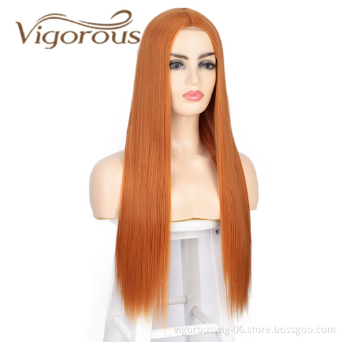 Wholesale Price Long Silky Straight Wave Middle Part Small Part Lace Pre Plucked Orange Cosplay Party Synthetic Hair Wigs